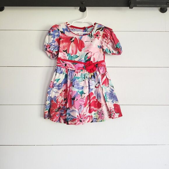 Vtg Girls Floral Party Dress Size 4 Puff Sleeve Rose Belt Colorful 80s USA Retro - Picture 1 of 7